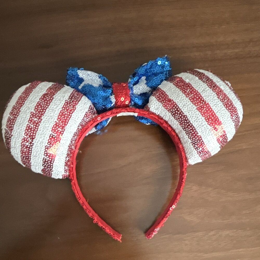 Disney Minnie Mouse USA Sequined Ears Bow Headband Striped Red/White/Blue - Picture 8 of 16
